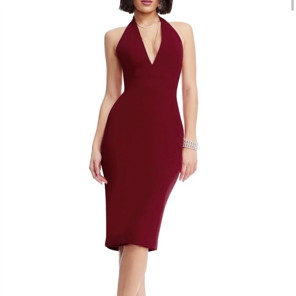 Dress The Population Vanessa Body Con Halter Midi Dress in Garnet| M